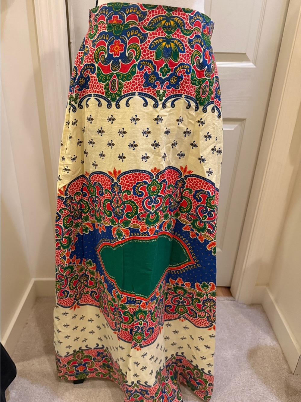 Vintage Cream Maxi Skirt with Green, Blue & Red Paisley Print